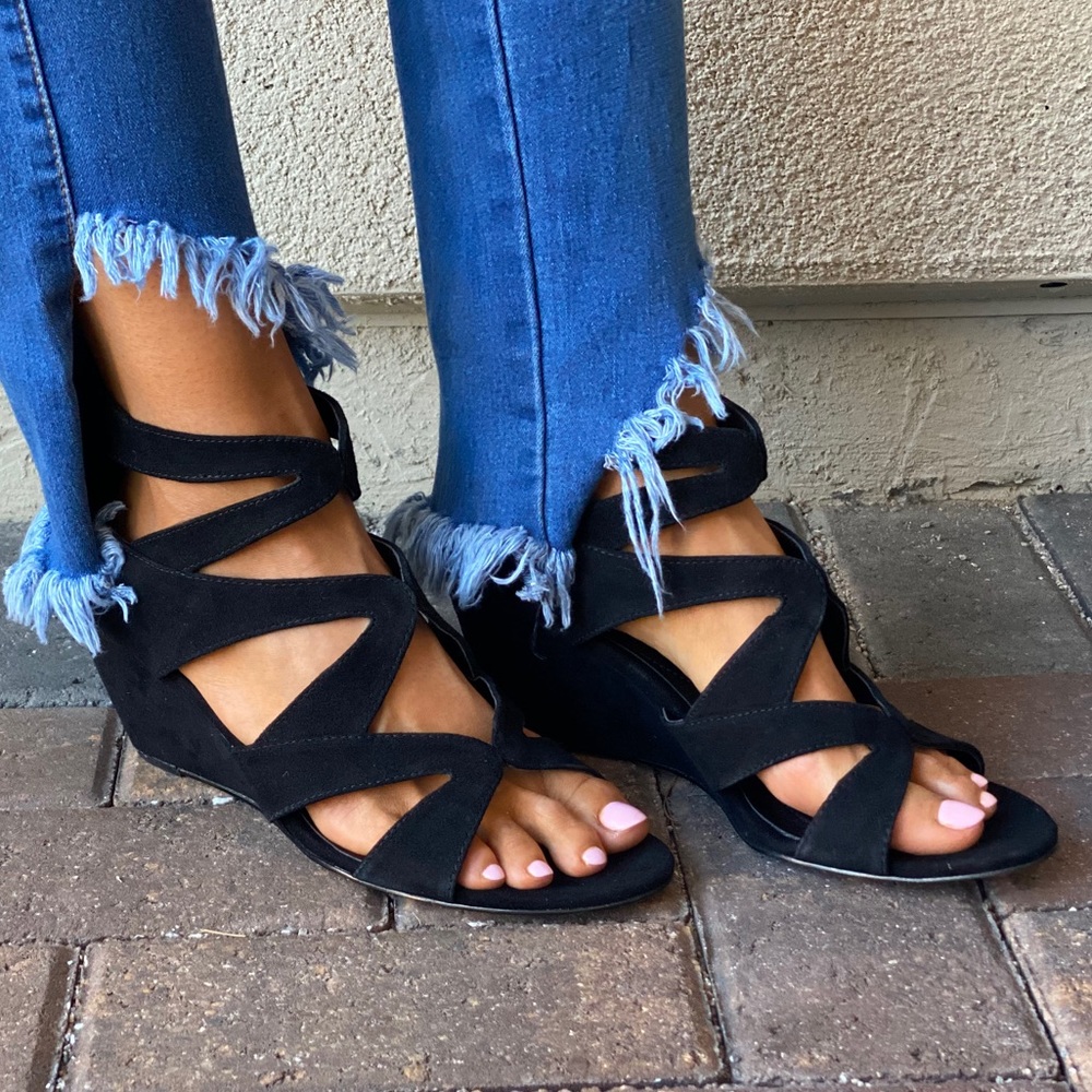 Black Strappy Peep Toe Wedge Ankle Bootie Pump - Picture 7 of 10